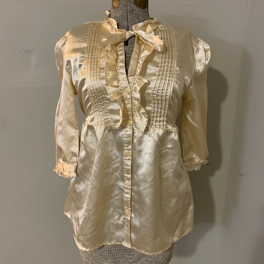 Cream Vintage Ruffled Satin Blouse